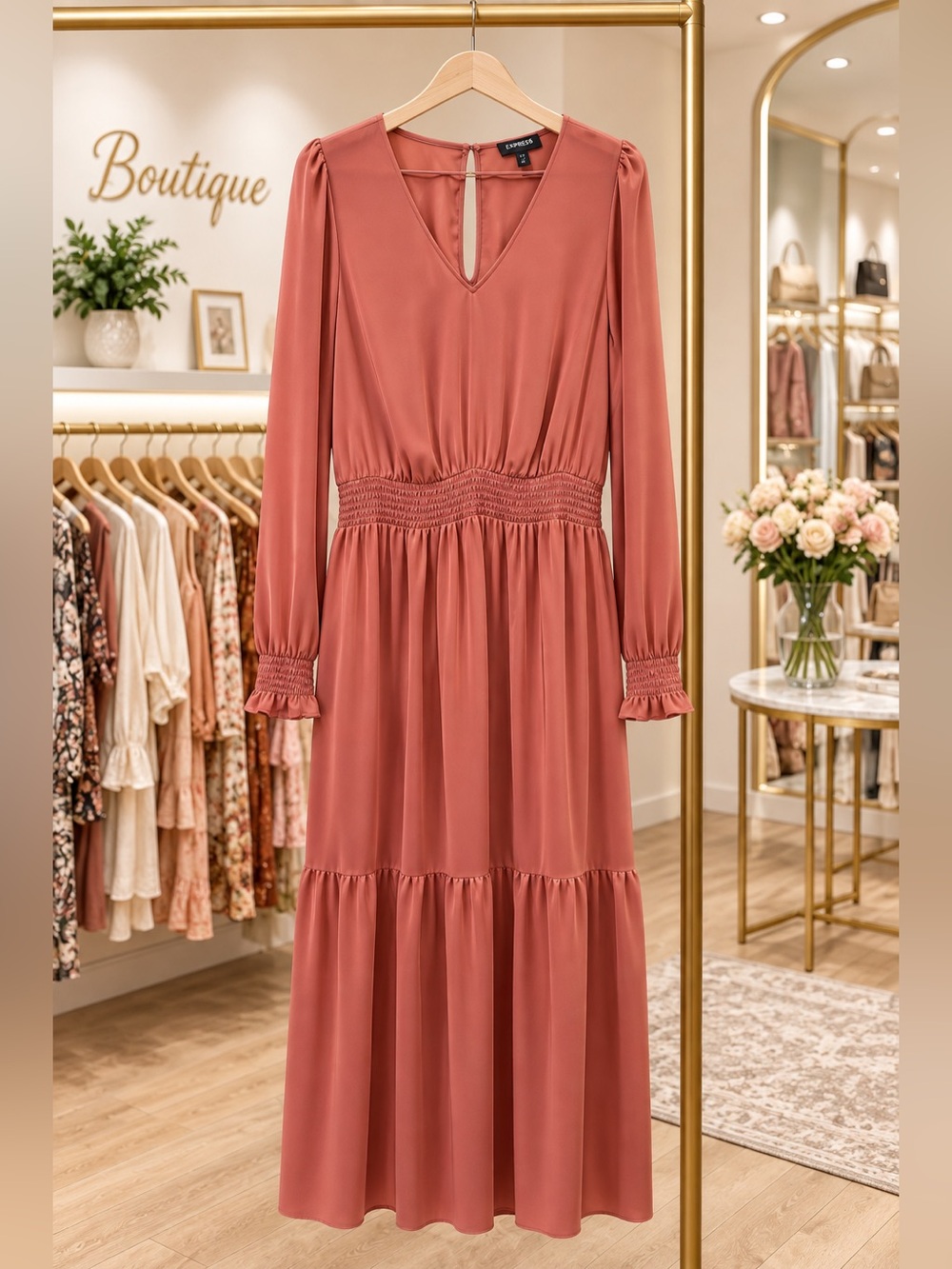Express Rose-Mauve Long-Sleeve Tiered Maxi Dress